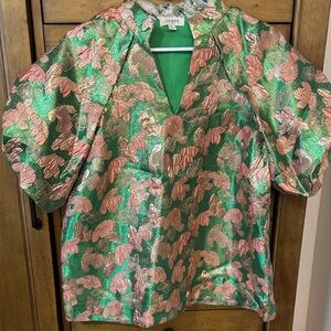 Umgee Green Metallic Floral Puff Sleeve Top with Pink Accents